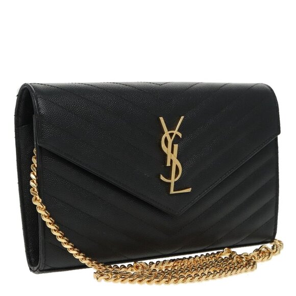 SAINT LAURENT V Stitch Chain Long Wallet Leather Black Gold Auth bs19416A - Picture 1 of 16